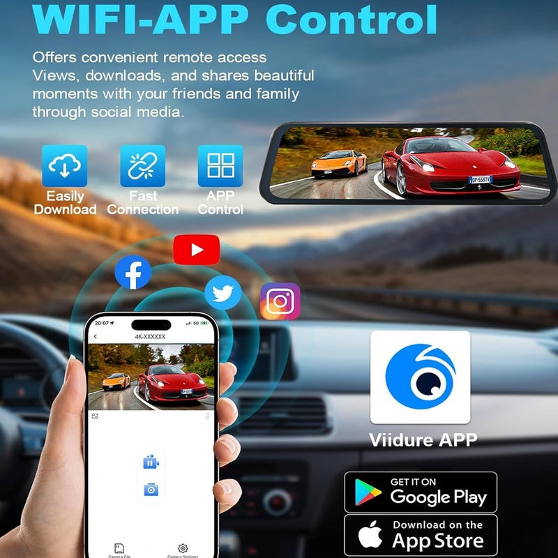 QOZ Mirror Dual Dash Camera for Car, Dashcam 4K Front 1080P IMX307 Rear View/ADAS BSD LCA Wi-Fi&APP WDR Night Vision G-Sensor Loop Recording Parking Monitor 64GB Card - Image 4